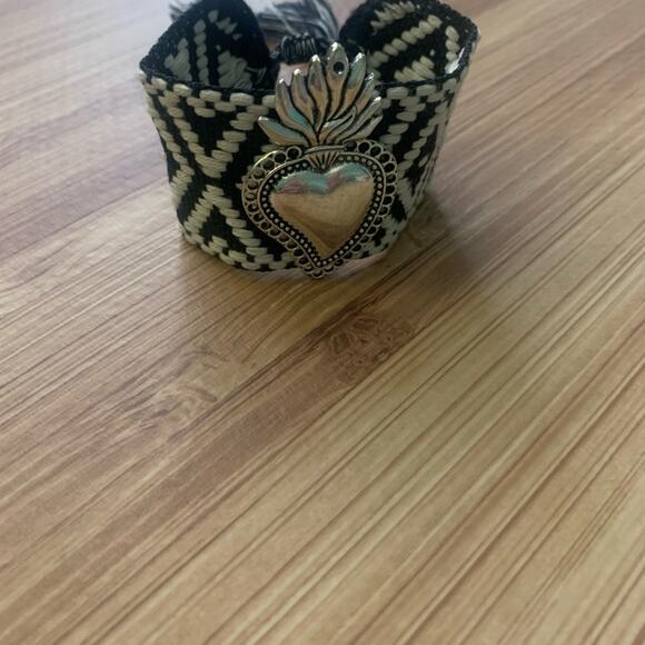 Black White Silver Heart On Fire Adjustable Wrap Statement Bracelet Tassel - Picture 6 of 9